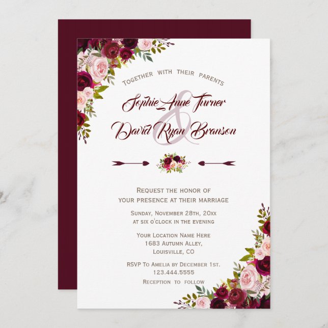 Rustic Country Burgundy Marsala Floral Wedding Invitation (Front/Back)