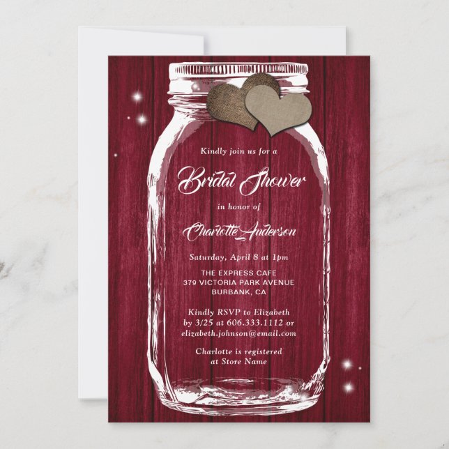 Rustic Country Burgundy Mason Jar Bridal Shower Invitation (Front)