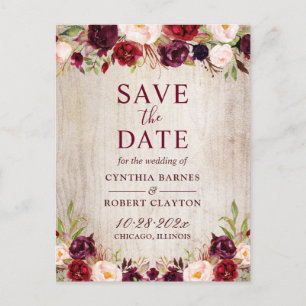 Rustic Country Burgundy Red Floral Save the Date Postcard