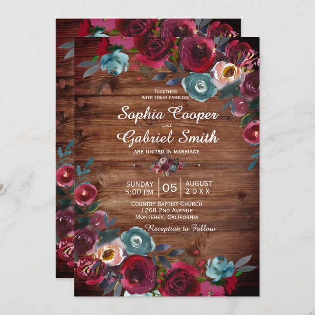 Rustic Country Burgundy Red Navy Floral Wedding Invitation (Front/Back)