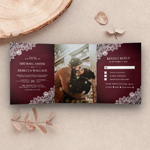Rustic Country Burgundy Wood Lace Wedding Photo Tri-Fold Invitation