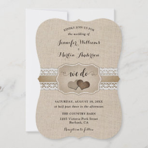 Rustic Country Burlap and Lace Hearts Wedding Invitation
