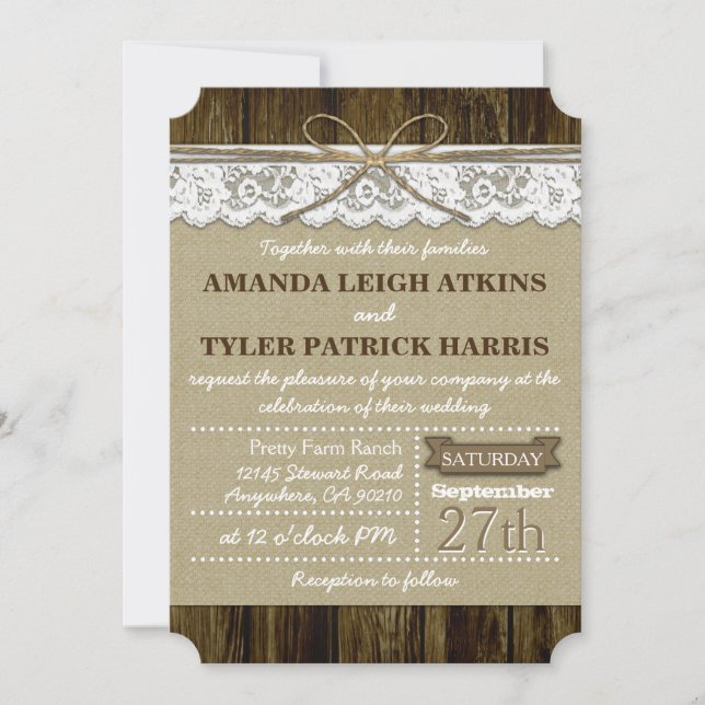 Rustic Country Burlap and Lace Wedding Invitations (Front)