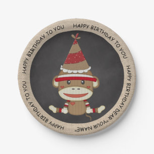 Rustic Country Burlap Birthday Sock Monkey Paper Plate