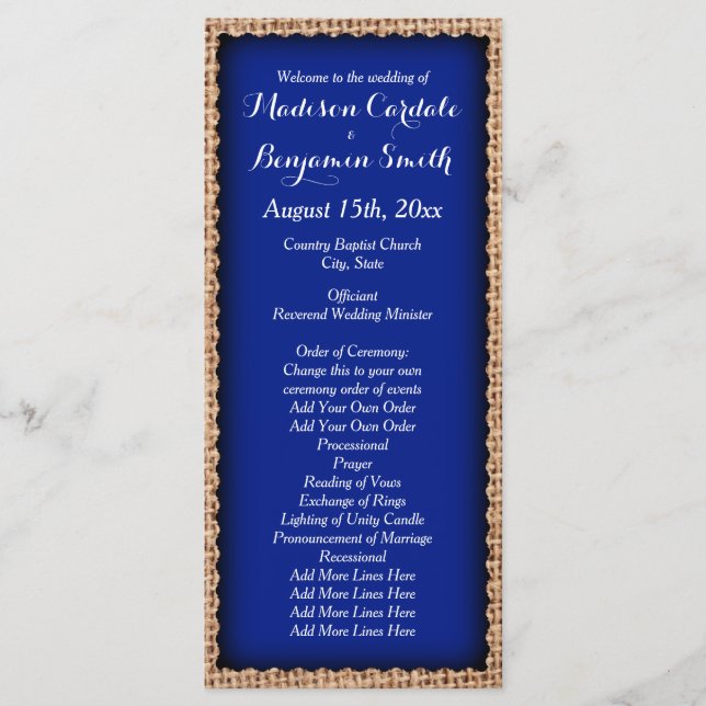 Rustic Country Burlap Blue Wedding Programs Programme (Front)