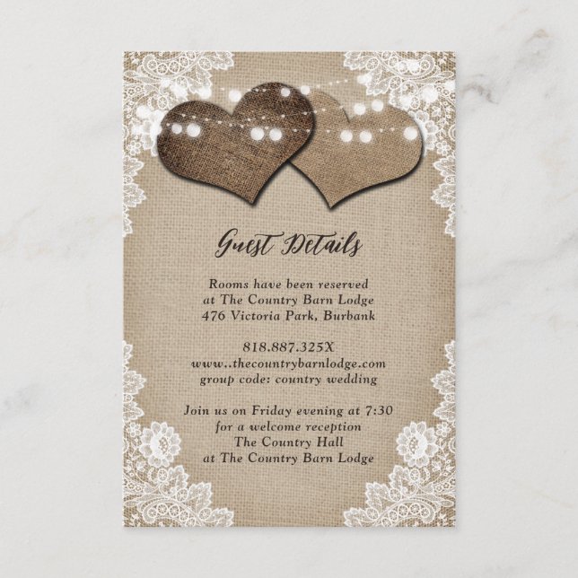 Rustic Country Burlap Floral Lace Wedding Enclosure Card (Front)