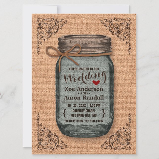 Rustic Country Burlap Jar Vintage Wedding Invitation (Front)
