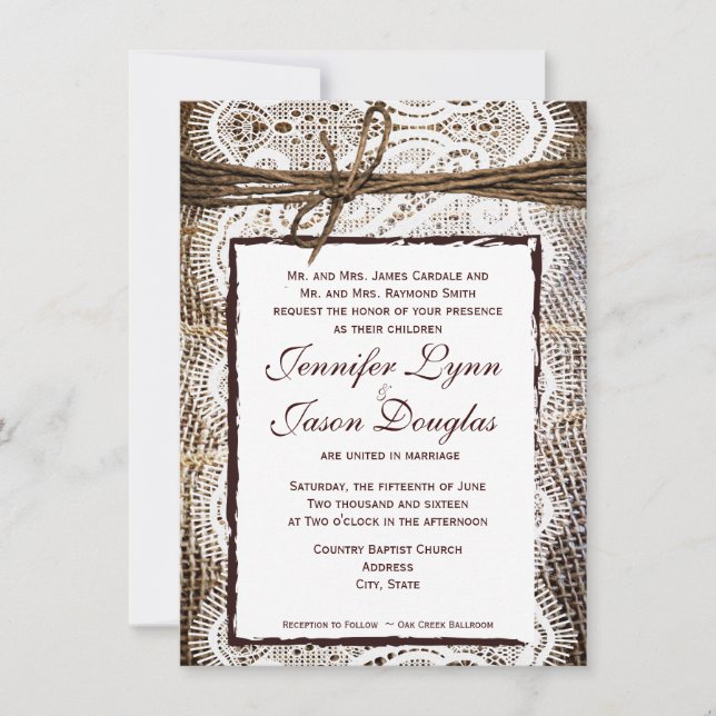 Rustic Country Burlap Lace Look Wedding Invitation (Front)