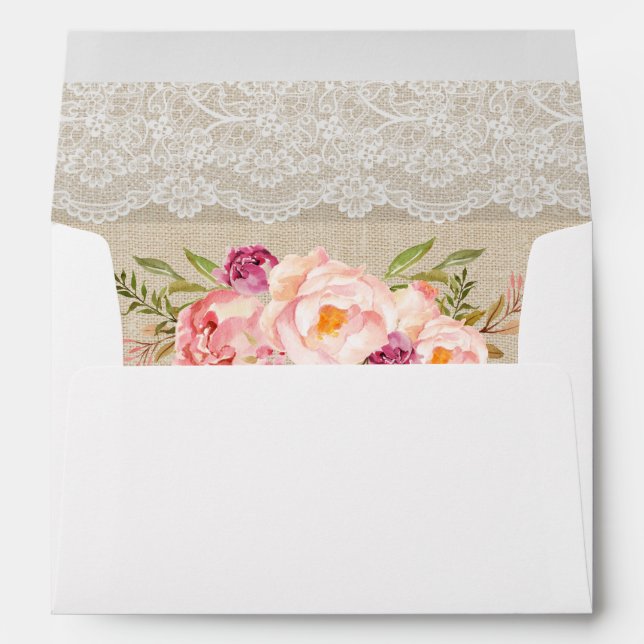 Rustic Country Burlap Lace Pink Floral Wedding Envelopes (Back (Bottom))