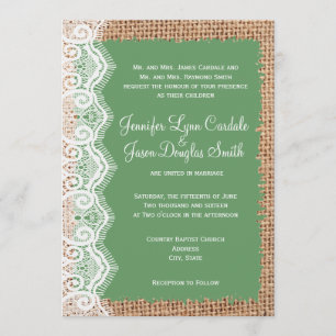 Rustic Country Burlap Lace Sage Wedding Invitation