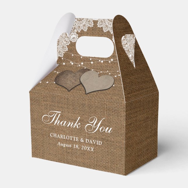 Rustic Country Burlap Lace String Lights Wedding Favour Box (Front Side)