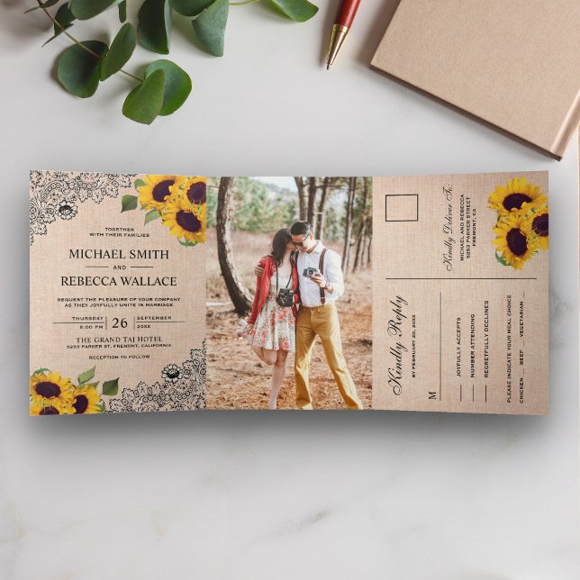 Rustic Country Burlap Lace Sunflower Wedding Photo Tri-Fold Invitation (Creator Uploaded)