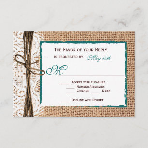 Rustic Country Burlap Lace Teal Wedding RSVP Cards