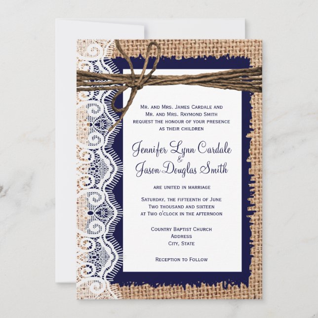 Rustic Country Burlap Lace Twine Wedding Invites (Front)