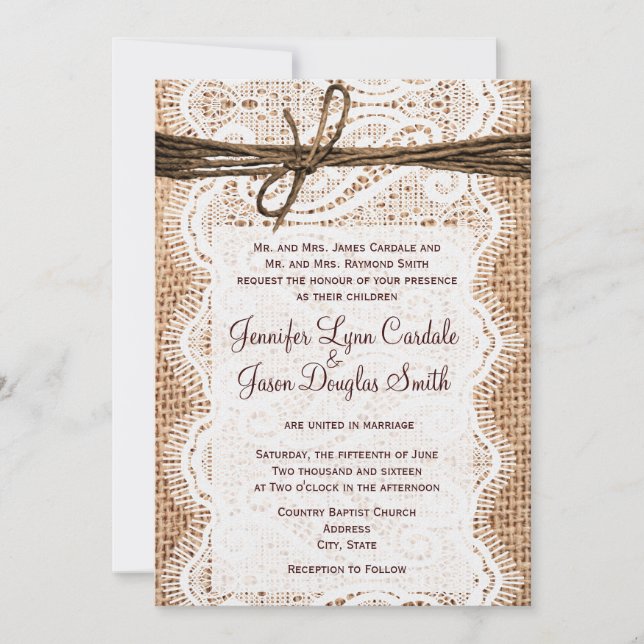 Rustic Country Burlap Lace Twine Wedding Invites (Front)