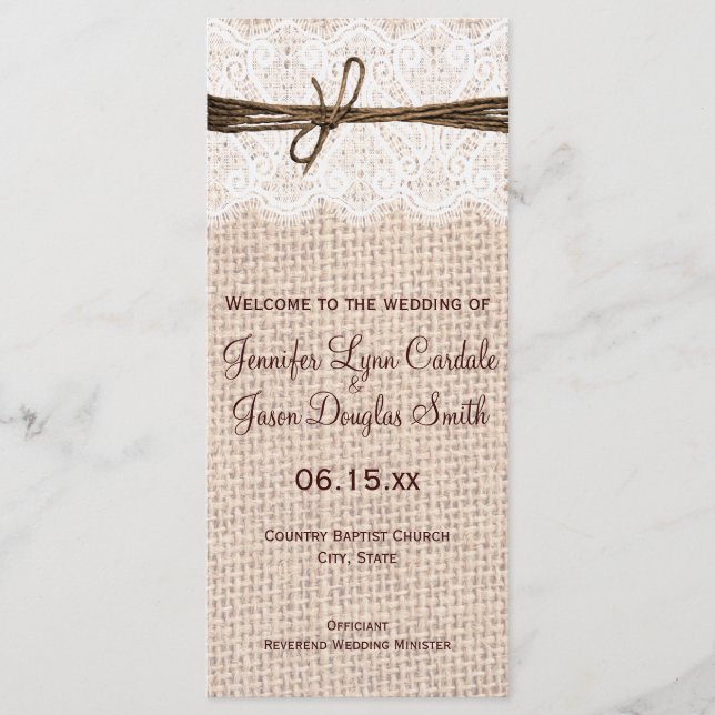 Rustic Country Burlap Lace Twine Wedding Program Programme (Front)