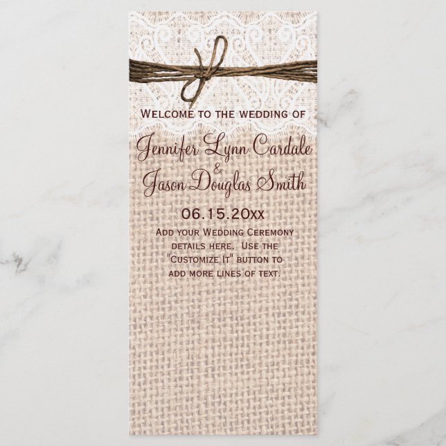Rustic Country Burlap Lace Twine Wedding Program Programme (Front)