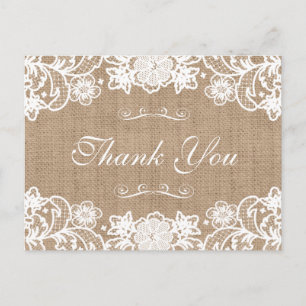 Rustic Country Burlap Lace Wedding Thank You Postcard