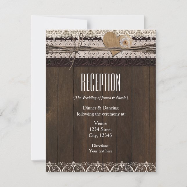 Rustic Country Burlap Lace & Wood Reception Card (Front)