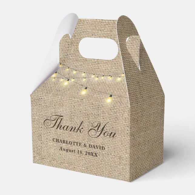 Rustic Country Burlap Lights Wedding Thank You Favour Box (Front Side)