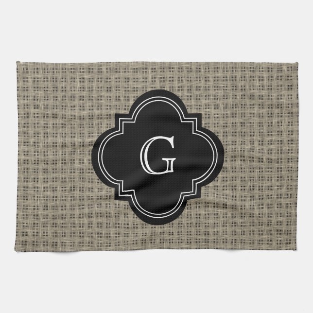 Rustic Country Burlap Look, Black Monogram Label Tea Towel (Horizontal)