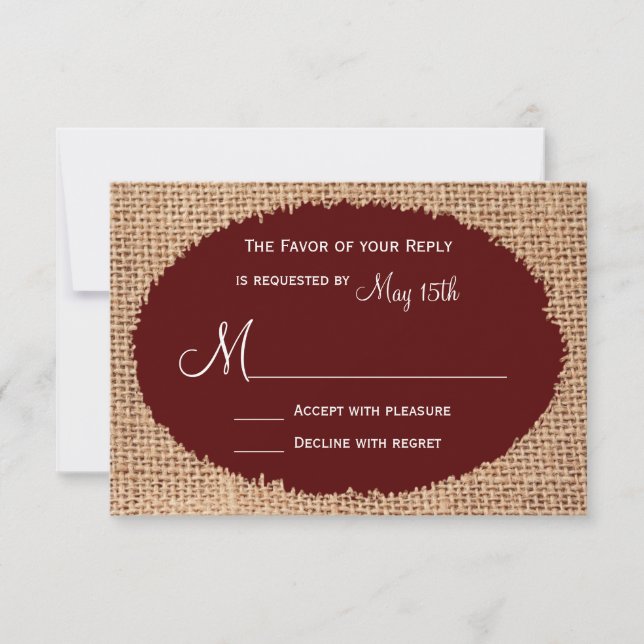 Rustic Country Burlap Maroon Red Wedding RSVP (Front)