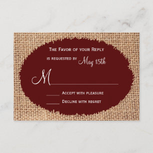Rustic Country Burlap Maroon Red Wedding RSVP Card