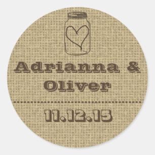 Rustic Country Burlap Mason Jar Wedding Favour Classic Round Sticker