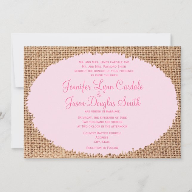 Rustic Country Burlap Pink Wedding Invitations (Front)