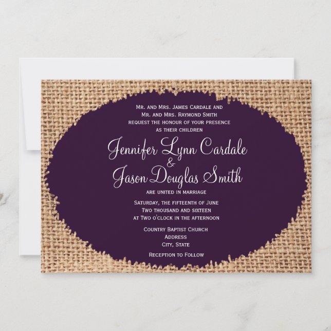 Rustic Country Burlap Purple Wedding Invitations (Front)
