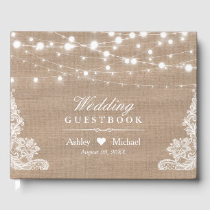 Rustic Country Burlap String Lights Lace Wedding Guest Book