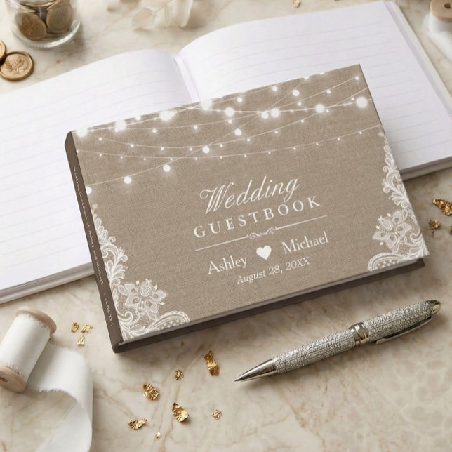 Rustic Country Burlap String Lights Lace Wedding Guest Book (Creator Uploaded)