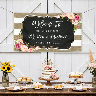 Rustic Country Burlap Stripes Floral Wedding Party Banner
