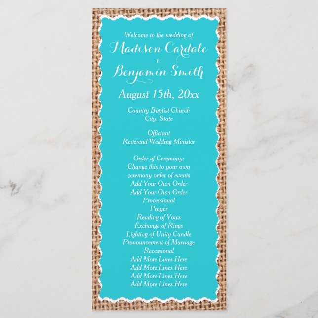 Rustic Country Burlap Turquoise Wedding Programs Programme (Front)