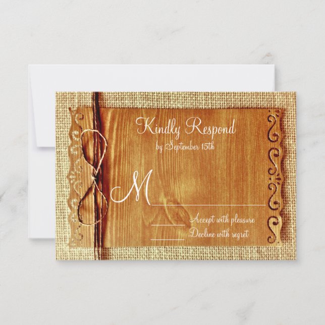 Rustic Country Burlap Twine Bow Wedding RSVP Cards (Front)