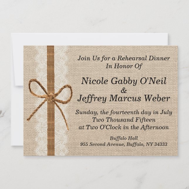 Rustic Country Burlap Wedding Rehearsal Dinner Invitation (Front)