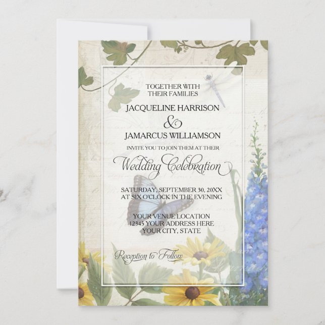 Rustic Country Butterfly Dragonfly Daisy Floral Invitation (Front)