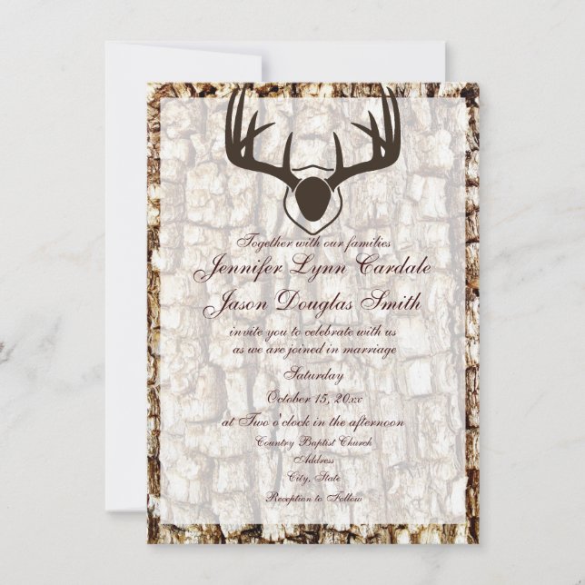 Rustic Country Camo Hunting Antlers Wedding Invite (Front)