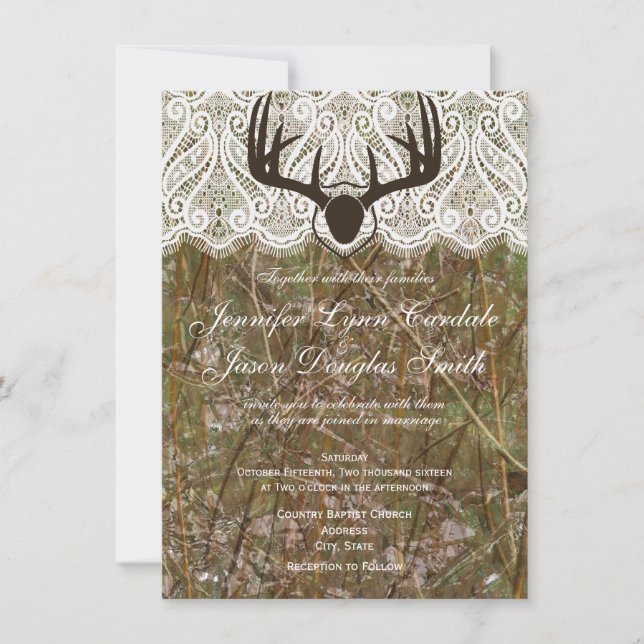 Rustic Country Camo Hunting Antlers Wedding Invite (Front)