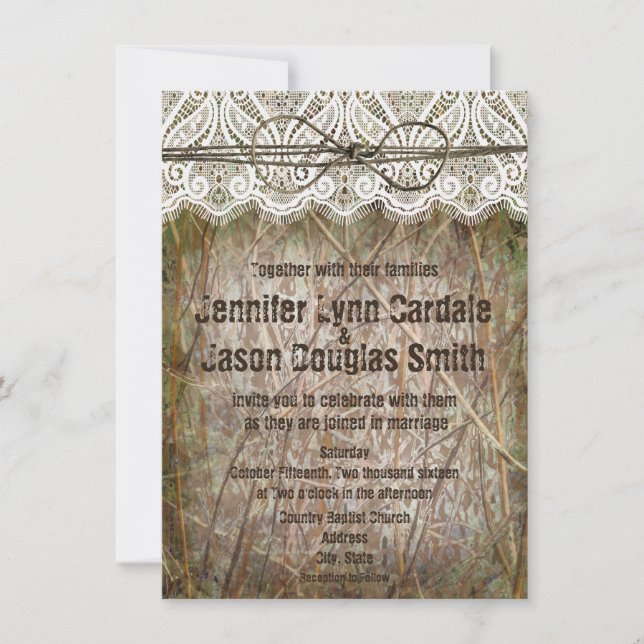 Rustic Country Camo Pink Bow Wedding Invitations (Front)