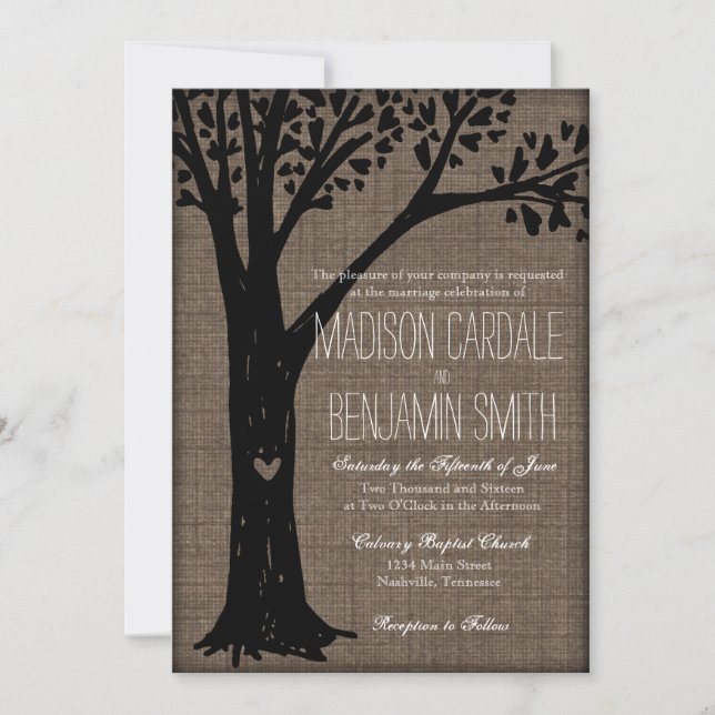 Rustic Country Carved Heart Tree Wedding Invites (Front)
