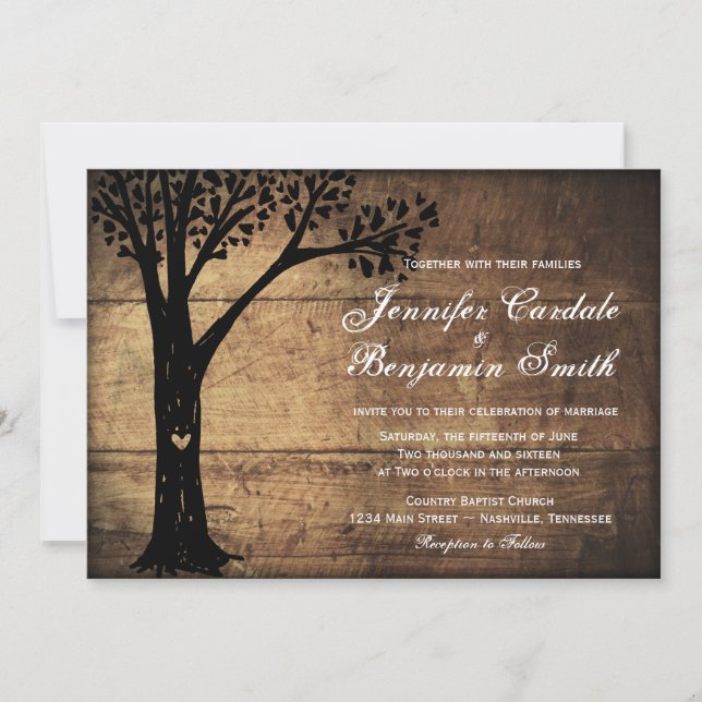 Rustic Country Carved Heart Tree Wedding Invites (Front)