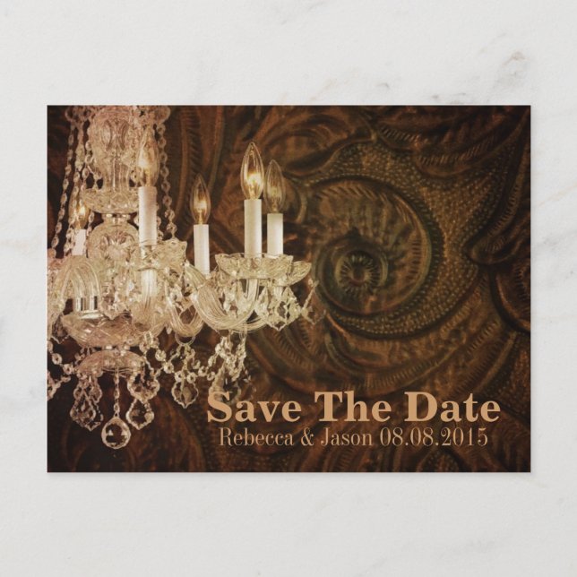 rustic country chandelier wedding save the date announcement postcard (Front)