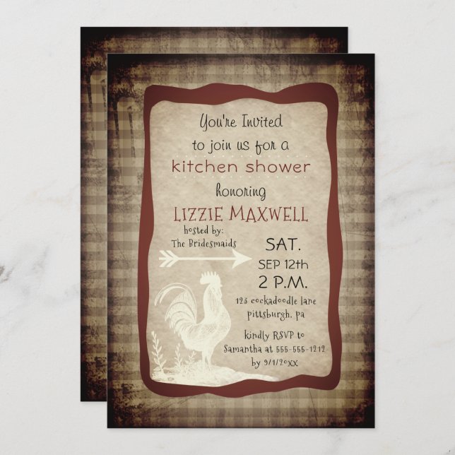 Rustic Country Check Rooster Kitchen Shower Invitation (Front/Back)
