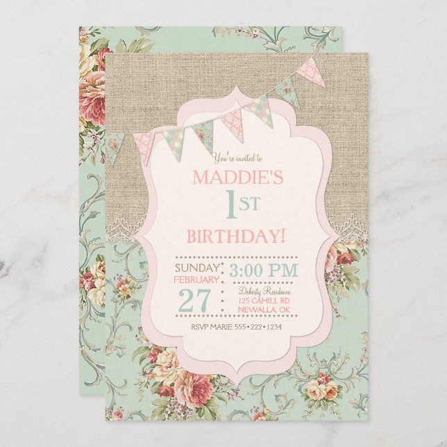 Rustic Country Chic Burlap Lace Shabby Floral Invitation (Front/Back)