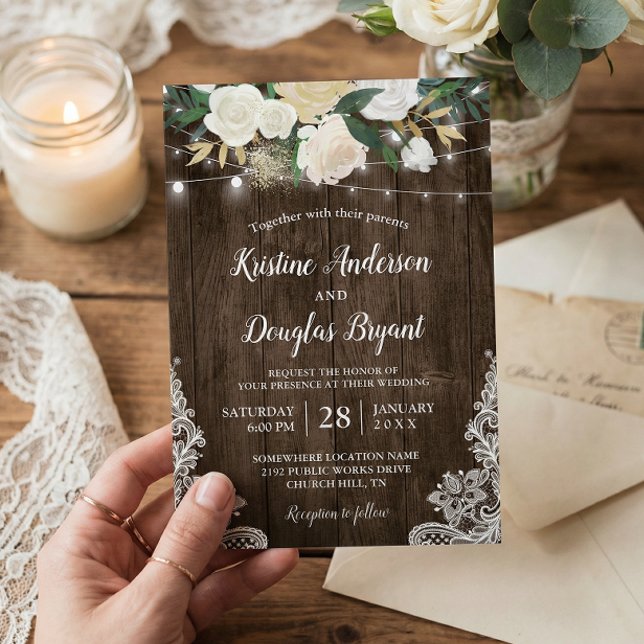 Rustic Country Chic Floral String Lights Wedding Invitation (Creator Uploaded)