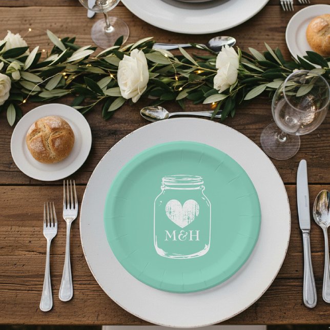 Rustic country chic mason jar paper party plates (mint green paper plate for wedding. Mason jar outline)