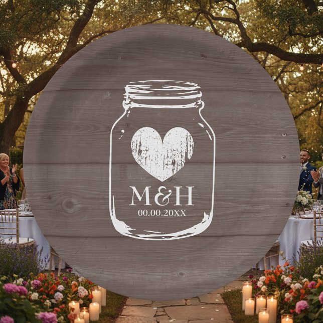 Rustic country chic mason jar wedding party plates (Rustic wedding plates with wood grain background and mason jar outline a\plus white vintage heart.)