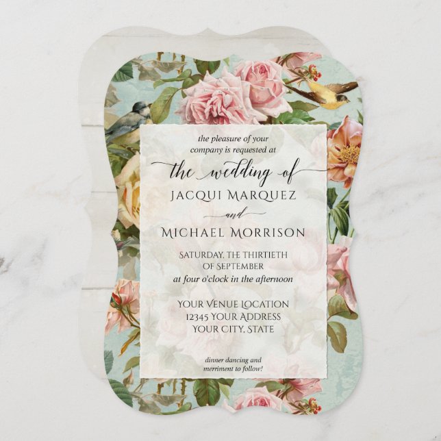 Rustic Country Chic Pink Rose Flower Bird Wedding Invitation (Front/Back)