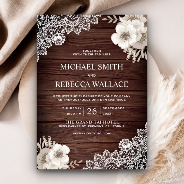 Rustic Country Chic Wood Lace Ivory Floral Wedding Invitation (Creator Uploaded)